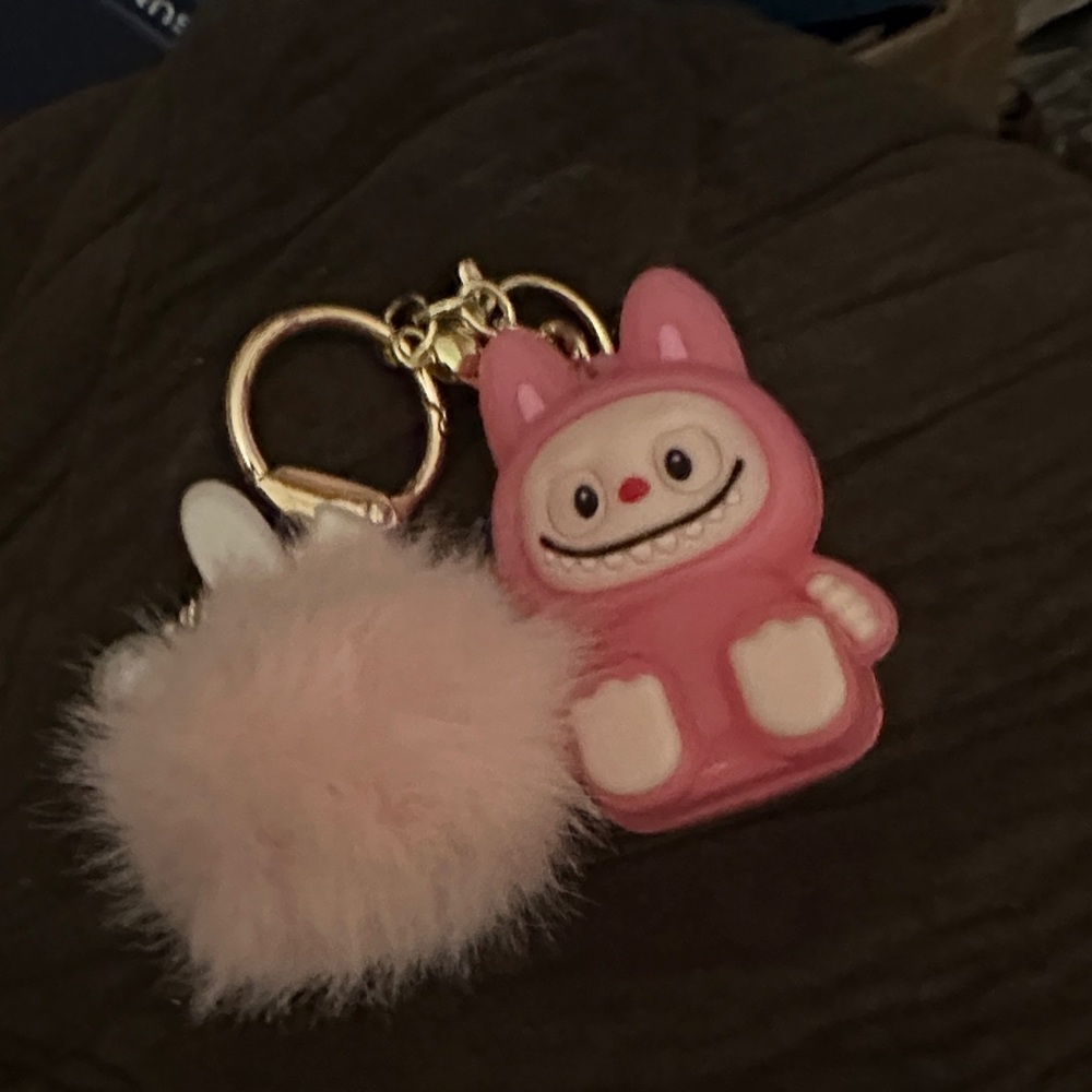 Pink labubu that lights up with Fluffy Pom Pom keychain